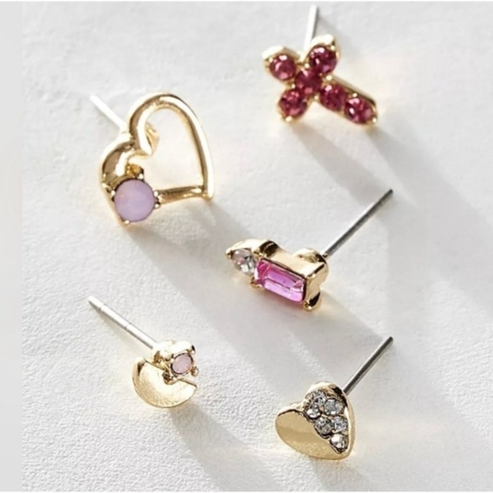NWT Free People Rose Pink Rosette Brooch Pin Stud Pack -5 Pairs of Earrings